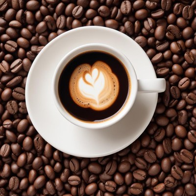 Coffee cup with latte art on roasted beans