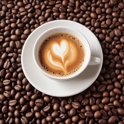 Coffee cup with latte art on coffee beans