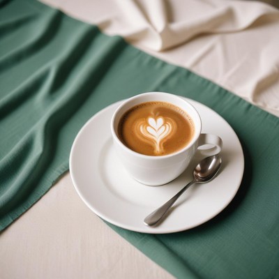 Latte with heart design on green tablecloth