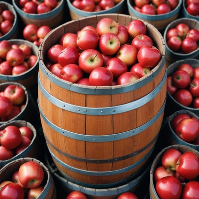 Red apples in wooden barrels