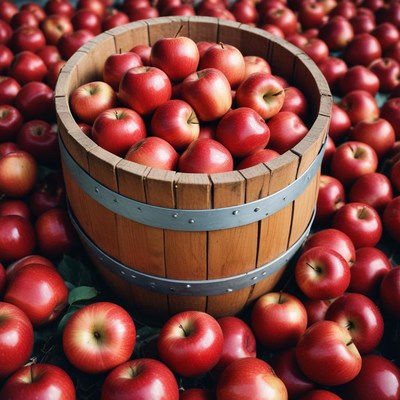 Red apples in wooden barrel