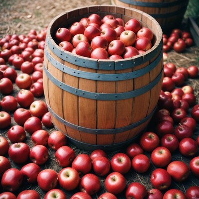 Red apples in wooden barrel