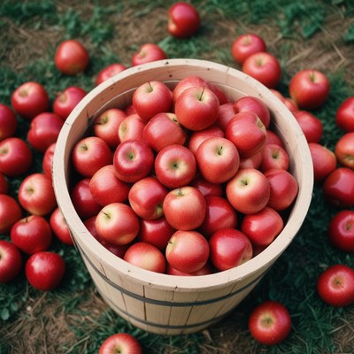 Red apples in wooden bucket