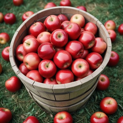 Red apples in wooden bucket on grass