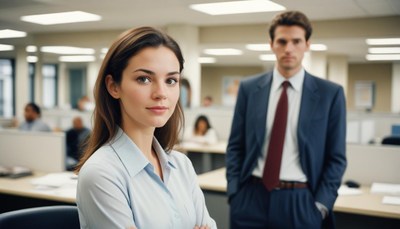 Woman in office with male colleague
