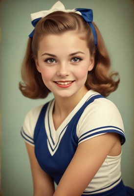 Woman in blue and white outfit smiling