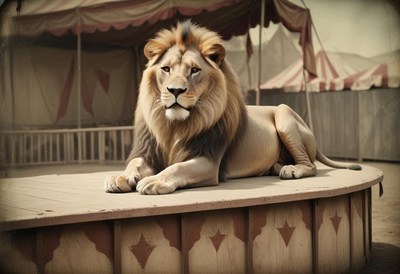 Lion posing in circus ring