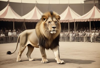 Lion walking in circus tent