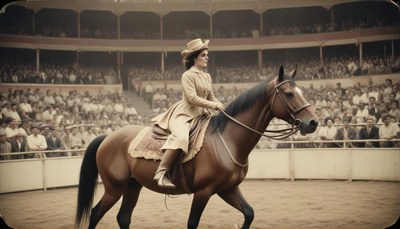 Woman riding horse in arena