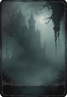 Haunted castle in foggy night