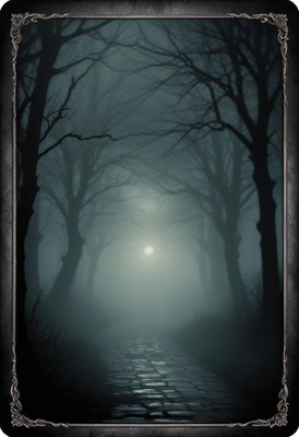 Foggy forest path at night
