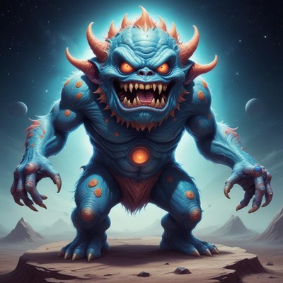 Blue monster standing on a desert planet