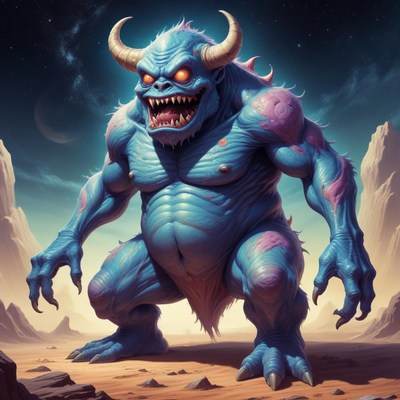 Blue demon in desert landscape