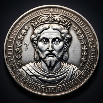 Silver coin depicting king with crown