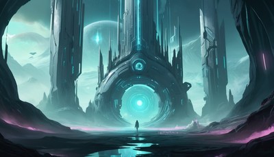 Futuristic cityscape with glowing portal