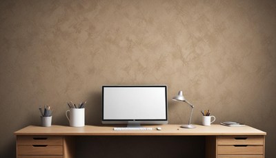 Modern desk with computer and lamp