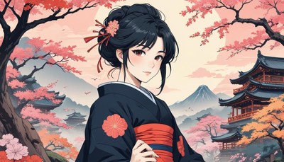 Woman in kimono under cherry blossoms