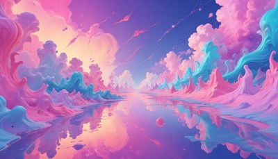 Pink and blue cloudscape with lake