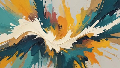 Abstract painting with teal, yellow, and white