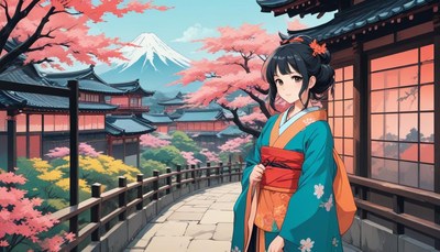 Woman in kimono stands in japanese garden