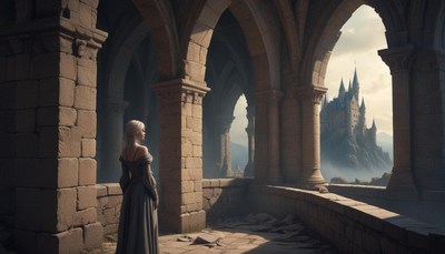 Woman viewing castle from stone corridor