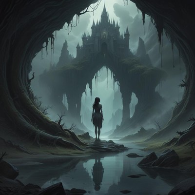 Woman approaches castle through cave