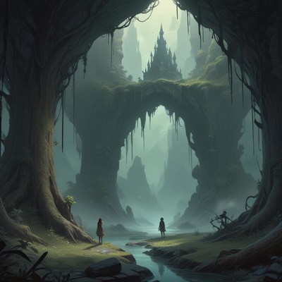 Two figures gaze at a distant castle