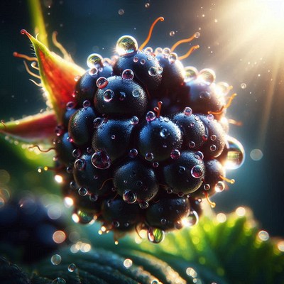 Dew-covered blackberry in sunlight