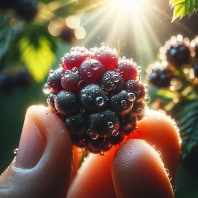 Dewy blackberry held in hand