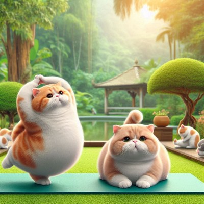 Cats doing yoga in a garden