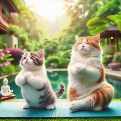 Cats practicing yoga by pool