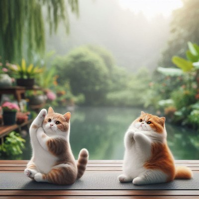 Two cats practicing yoga in a garden