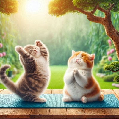 Two kittens practicing yoga in a garden