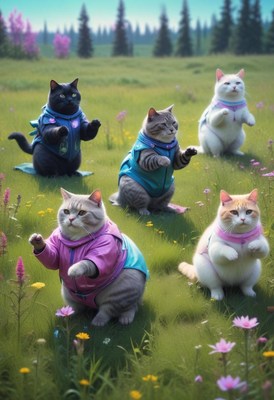 Cats in colorful outfits dancing in meadow