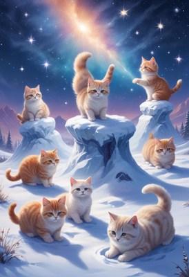 Kittens playing in snowy night