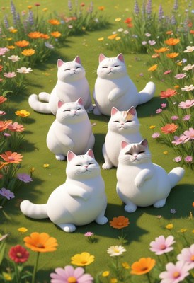 Smiling cats in a flower field