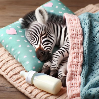 Zebra foal sleeping with bottle