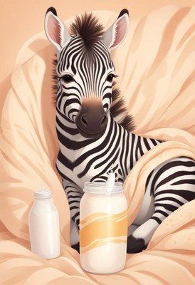 Zebra drinking milk in bed