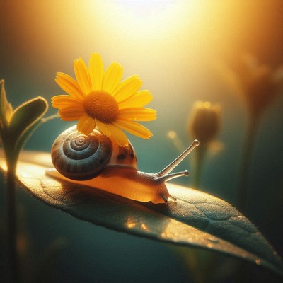 Snail carrying a daisy in sunlight