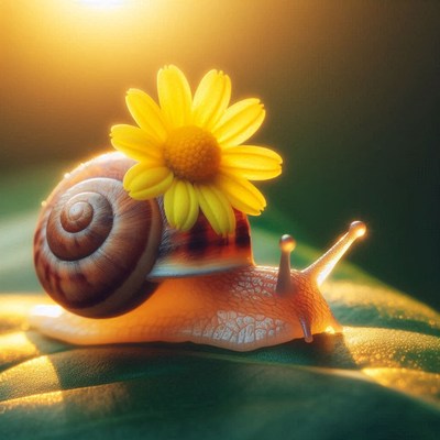 Snail with flower in sunlight