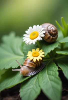 Snail and daisies on green leaves