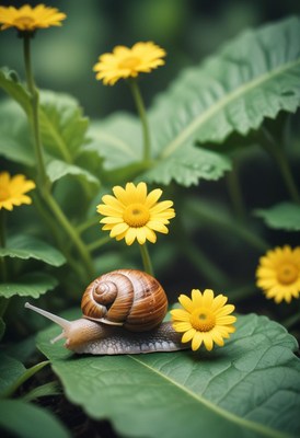 Snail crawling on leaf with yellow flowers