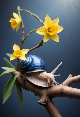 Snail on branch with daffodils