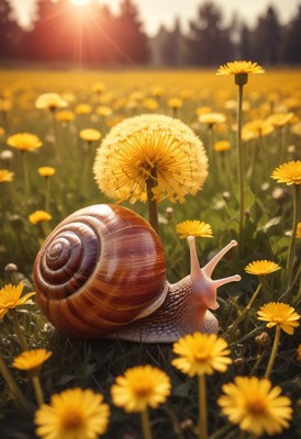 Snail in dandelion field at sunset