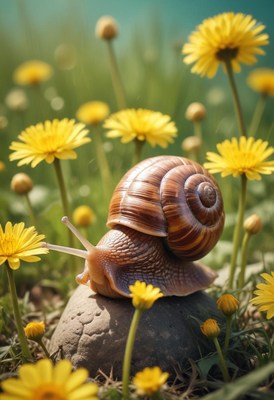 Snail on a rock in a field of dandelions