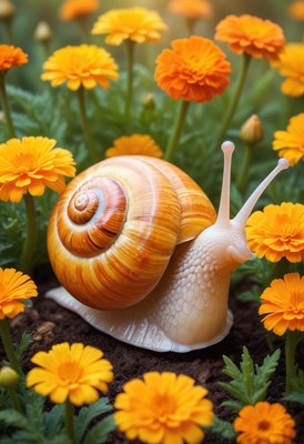Snail among marigolds