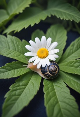 Snail and daisy on green leaf