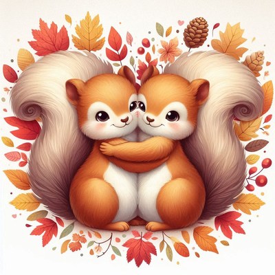 Two squirrels hugging in autumn