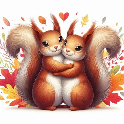 Two squirrels hugging in autumn