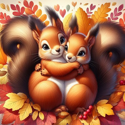 Two squirrels hugging in autumn leaves